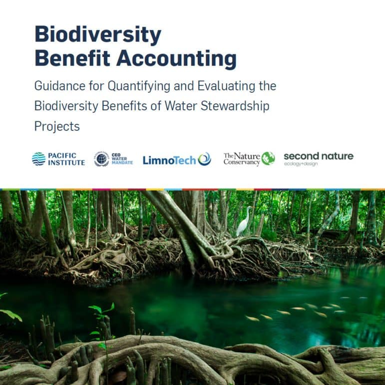 A cover of the Biodiversity Benefit Accounting (BioBA): Guidance for Quantifying and Evaluating the Biodiversity Benefits of Water Stewardship Projects document. Logos are included for the Pacific Institute, CEO Water Mandate, LimnoTech, The Nature Conservancy (TNC), and Second Nature Ecology+Design. An image at the bottom shows a forested area with tree roots, a water bird, and fish in a pool of water.