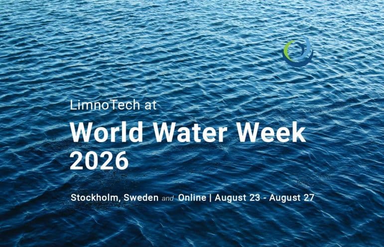 A water surface with words that LimnoTech at World Water Week 2026, Stockholm, Sweden and Online | August 23 - August 27